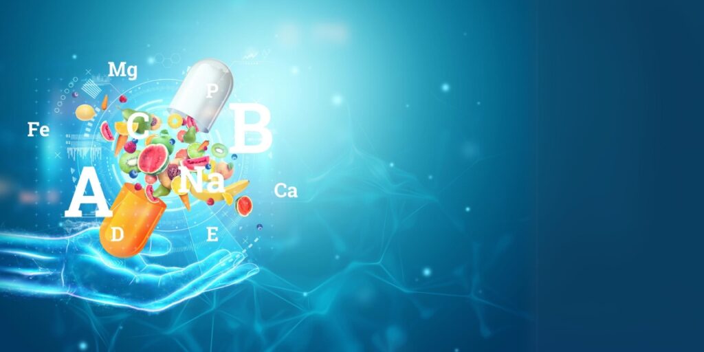a hand holding a pill with food and vitamins coming out of it